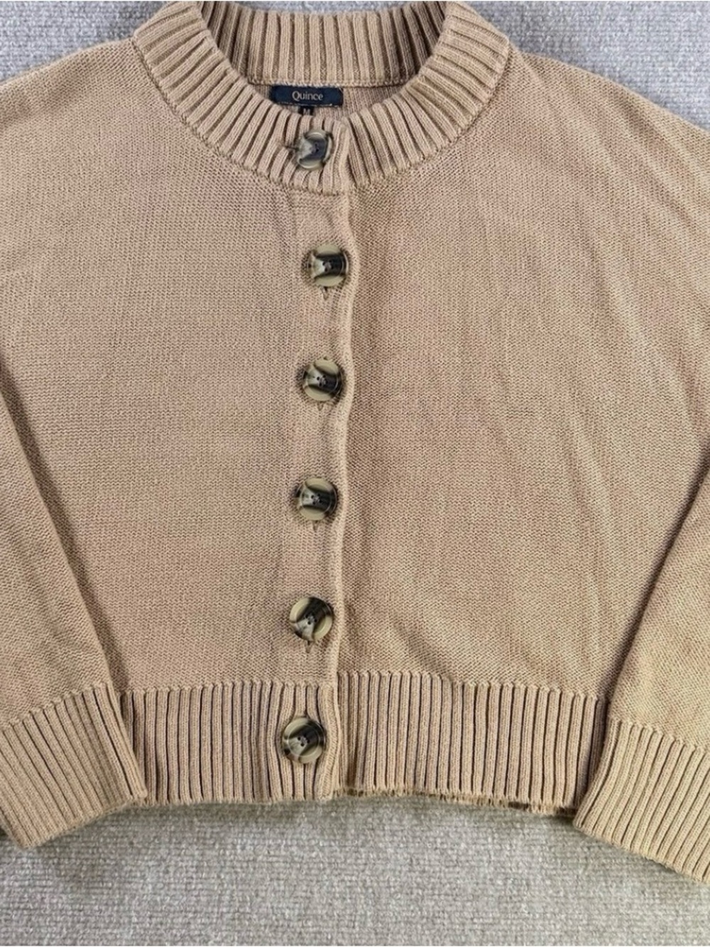 Quince Women's Beige cropped Cotton Crewneck Button Cardigan Sweater M